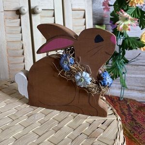 . Handmade wooden bunny with wreath